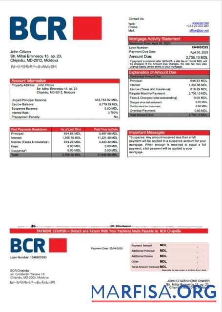 Blank Moldova BCR Chișinău mortgage statement Word and PDF template